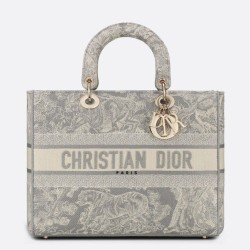 Fake Dior Large Lady D-Lite Bag Toile de Jouy Reverse Embroidery Gray Replica