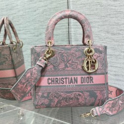 Replica Dior Lady D-Lite Medium Bag Toile de Jouy Reverse Embroidery Grey / Pink