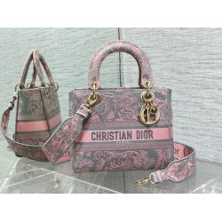 Replica Dior Lady D-Lite Medium Bag Toile de Jouy Reverse Embroidery Grey / Pink