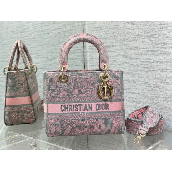 Replica Dior Lady D-Lite Medium Bag Toile de Jouy Reverse Embroidery Grey / Pink Replica Dior Lady D-Lite Medium Bag Toile de Jouy Reverse Embroidery Grey / Pink