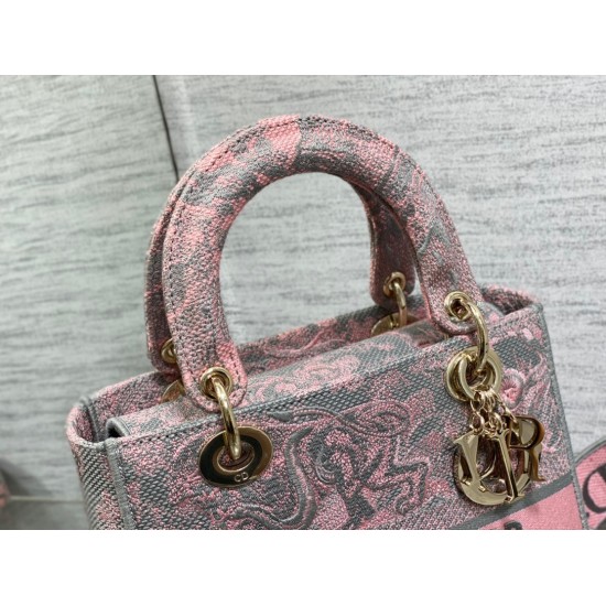 Replica Dior Lady D-Lite Medium Bag Toile de Jouy Reverse Embroidery Grey / Pink Replica Dior Lady D-Lite Medium Bag Toile de Jouy Reverse Embroidery Grey / Pink