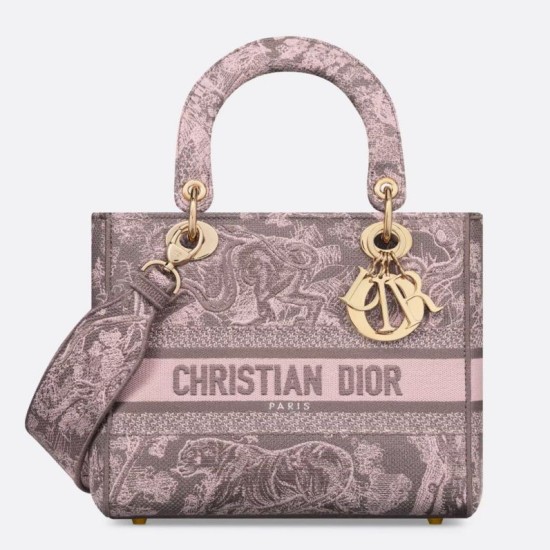 Replica Dior Lady D-Lite Medium Bag Toile de Jouy Reverse Embroidery Grey / Pink Replica Dior Lady D-Lite Medium Bag Toile de Jouy Reverse Embroidery Grey / Pink