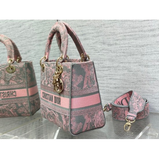 Replica Dior Lady D-Lite Medium Bag Toile de Jouy Reverse Embroidery Grey / Pink Replica Dior Lady D-Lite Medium Bag Toile de Jouy Reverse Embroidery Grey / Pink