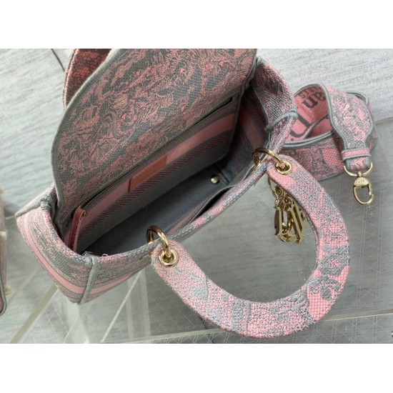 Replica Dior Lady D-Lite Medium Bag Toile de Jouy Reverse Embroidery Grey / Pink Replica Dior Lady D-Lite Medium Bag Toile de Jouy Reverse Embroidery Grey / Pink
