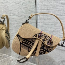 Fake Dior Saddle Bag Jute Canvas with Dior Union Motif Beige Replica