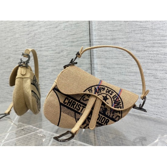 Fake Dior Saddle Bag Jute Canvas with Dior Union Motif Beige Replica