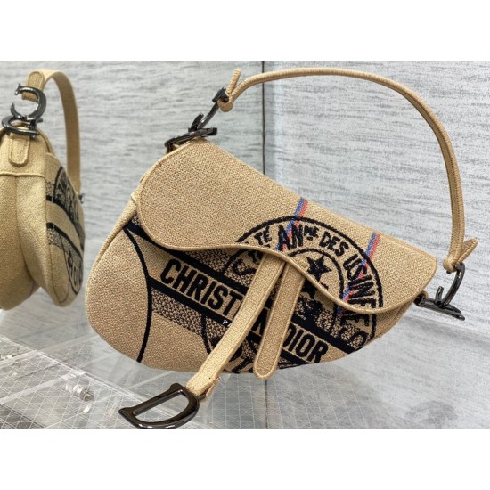 Fake Dior Saddle Bag Jute Canvas with Dior Union Motif Beige Replica