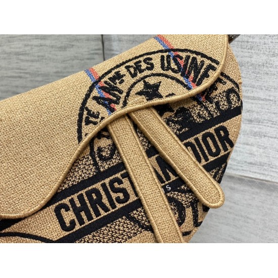 Fake Dior Saddle Bag Jute Canvas with Dior Union Motif Beige Replica