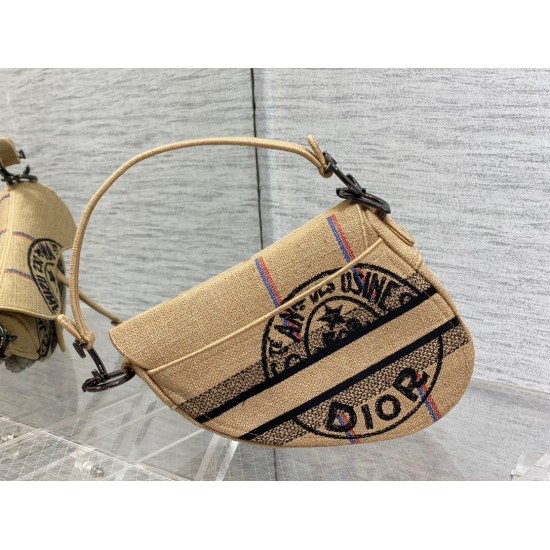 Fake Dior Saddle Bag Jute Canvas with Dior Union Motif Beige Replica