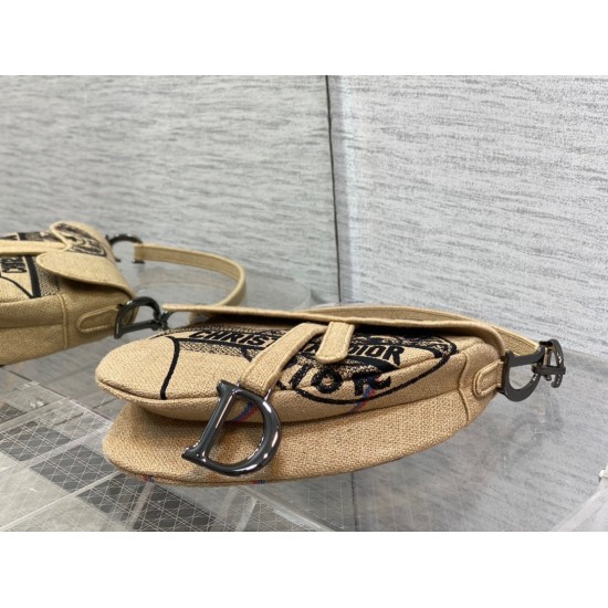 Fake Dior Saddle Bag Jute Canvas with Dior Union Motif Beige Replica