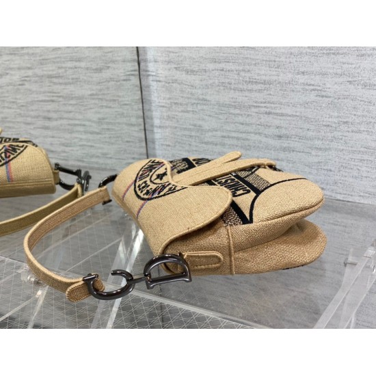 Fake Dior Saddle Bag Jute Canvas with Dior Union Motif Beige Replica