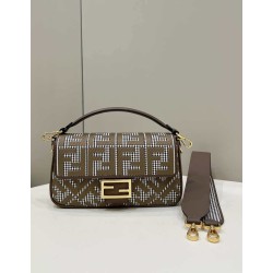 Replica Baguette 8BR600 houndstooth wool bag with FF embroidery Brown