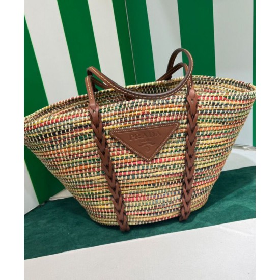 Replica Prada Straw And Leather Tote Bag 1BG312 Coffee