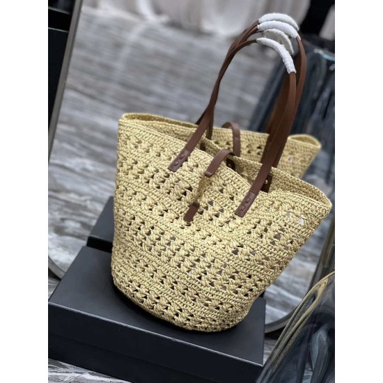 Fake YSL Saint Laurent Panier Maxi Bag In Raffia Apricot Replica