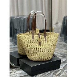 Fake YSL Saint Laurent Panier Maxi Bag In Raffia Apricot Replica