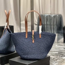 Replica YSL Saint Laurent Panier Maxi Bag In Raffia Navy Blue