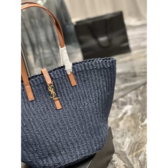 Replica YSL Saint Laurent Panier Maxi Bag In Raffia Navy Blue