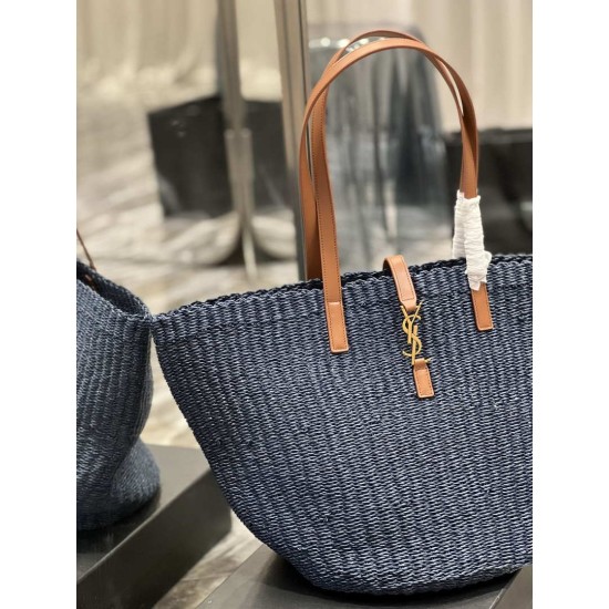 Replica YSL Saint Laurent Panier Maxi Bag In Raffia Navy Blue