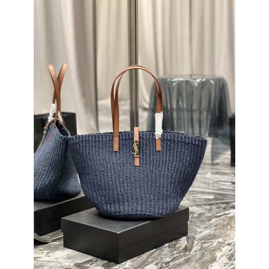 Replica YSL Saint Laurent Panier Maxi Bag In Raffia Navy Blue