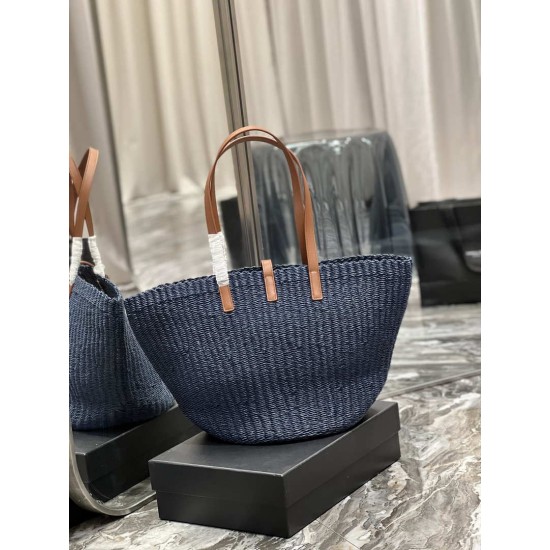 Replica YSL Saint Laurent Panier Maxi Bag In Raffia Navy Blue