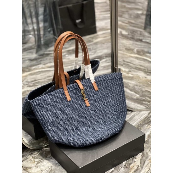 Replica YSL Saint Laurent Panier Maxi Bag In Raffia Navy Blue