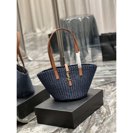 Fake YSL Saint Laurent Panier Medium Bag Raffia Navy Blue Replica