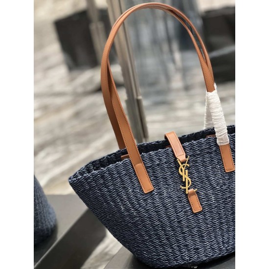 Fake YSL Saint Laurent Panier Medium Bag Raffia Navy Blue Replica
