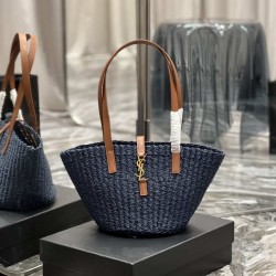 Fake YSL Saint Laurent Panier Medium Bag Raffia Navy Blue Replica