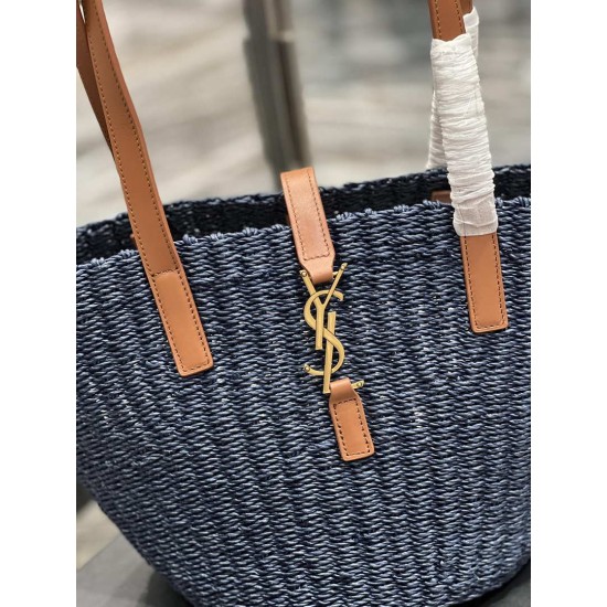Fake YSL Saint Laurent Panier Medium Bag Raffia Navy Blue Replica