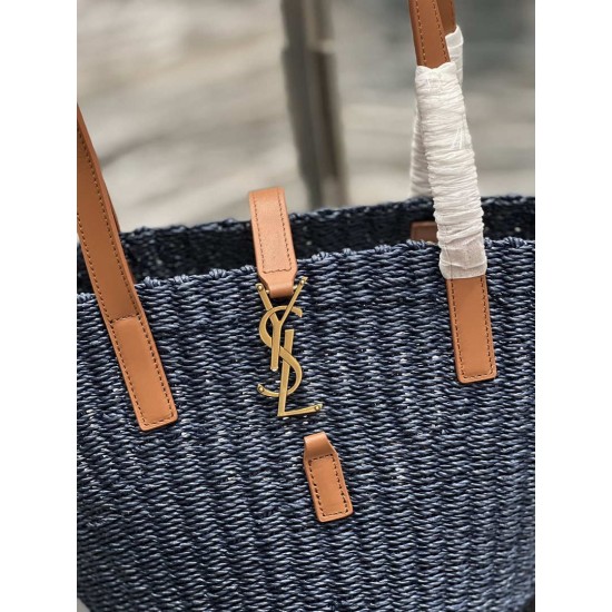 Fake YSL Saint Laurent Panier Medium Bag Raffia Navy Blue Replica