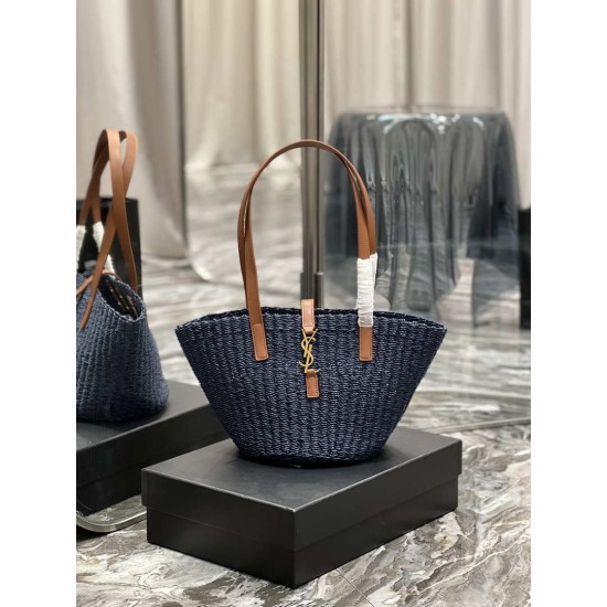 Fake YSL Saint Laurent Panier Medium Bag Raffia Navy Blue Replica