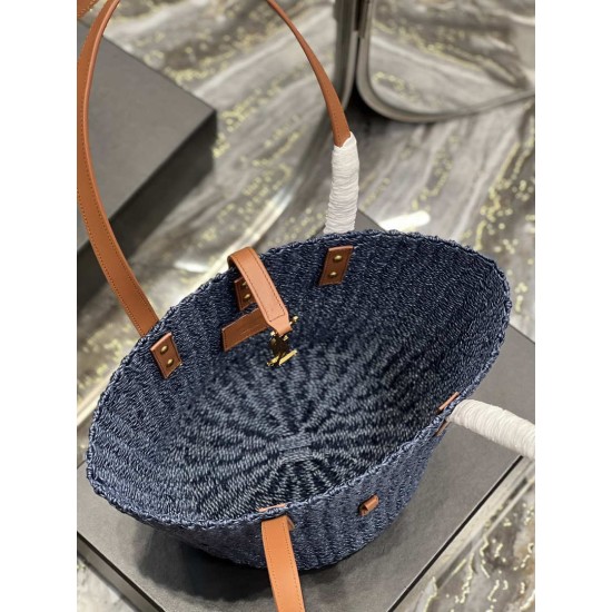 Fake YSL Saint Laurent Panier Medium Bag Raffia Navy Blue Replica