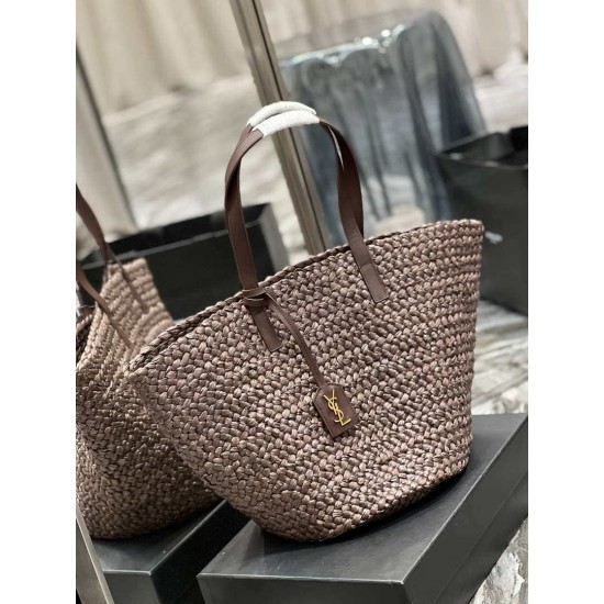 Replica YSL Saint Laurent Tote Panier Maxi Bag 693242 In Raffia Dark Brown