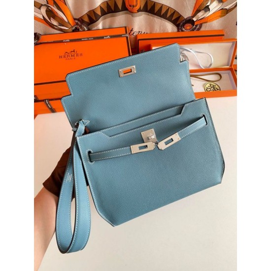 Replica Hermes Kelly Depeches 25 Pouch Blue Jean Epsom Calfskin