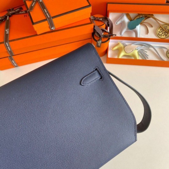 Fake Hermes Kelly Depeches 25 Pouch Blue Saphir Epsom Calfskin Replica