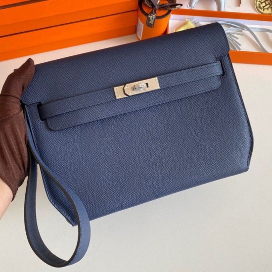 Fake Hermes Kelly Depeches 25 Pouch Blue Saphir Epsom Calfskin Replica