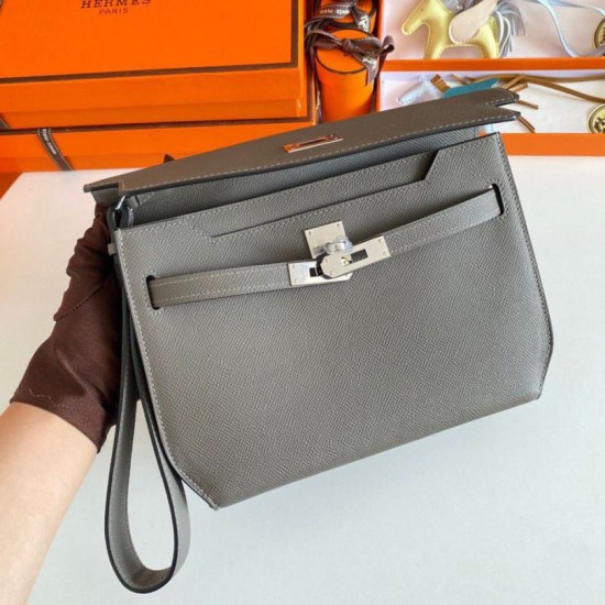 Replica Hermes Kelly Depeches 25 Pouch Etain Epsom Calfskin