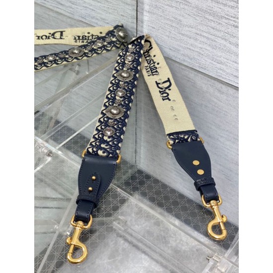Replica Dior Shoulder Strap with Ring Oblique Embroidery with Medallions Blue