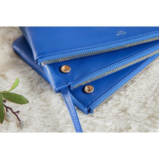 Replica Celine Large Trio Crossbody Bag In Blue Calfskin