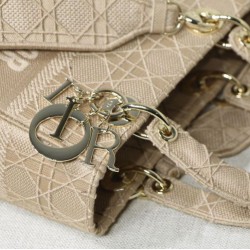Fake Christian Dior Medium Lady D-Lite Embroidered Cannage Bag Apricot Replica
