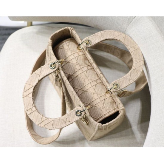 Fake Christian Dior Medium Lady D-Lite Embroidered Cannage Bag Apricot Replica