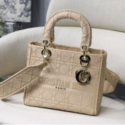 Fake Christian Dior Medium Lady D-Lite Embroidered Cannage Bag Apricot Replica