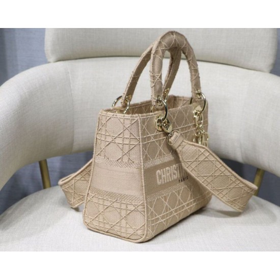 Fake Christian Dior Medium Lady D-Lite Embroidered Cannage Bag Apricot Replica