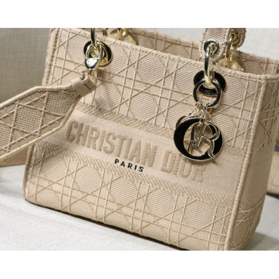 Fake Christian Dior Medium Lady D-Lite Embroidered Cannage Bag Apricot Replica