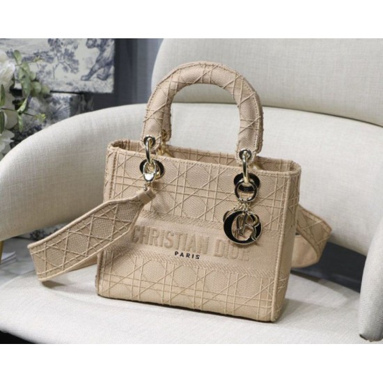 Fake Christian Dior Medium Lady D-Lite Embroidered Cannage Bag Apricot Replica