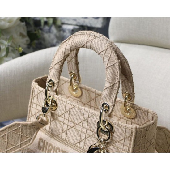 Fake Christian Dior Medium Lady D-Lite Embroidered Cannage Bag Apricot Replica