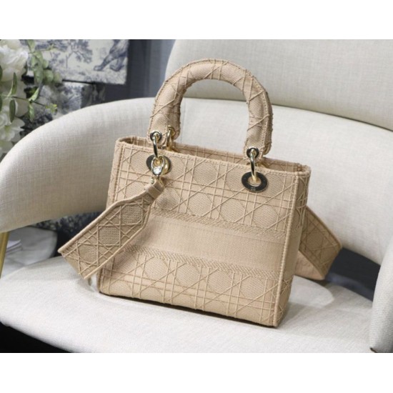 Fake Christian Dior Medium Lady D-Lite Embroidered Cannage Bag Apricot Replica