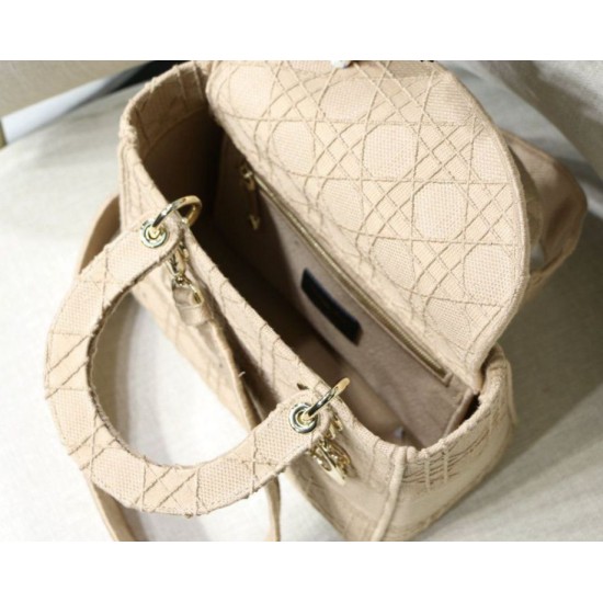 Fake Christian Dior Medium Lady D-Lite Embroidered Cannage Bag Apricot Replica