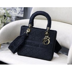 Fake Christian Dior Medium Lady D-Lite Embroidered Cannage Bag Black Replica