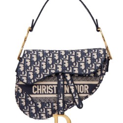 Replica Christian Dior Saddle Original Oblique Embroidered Canvas Bag Dark Blue